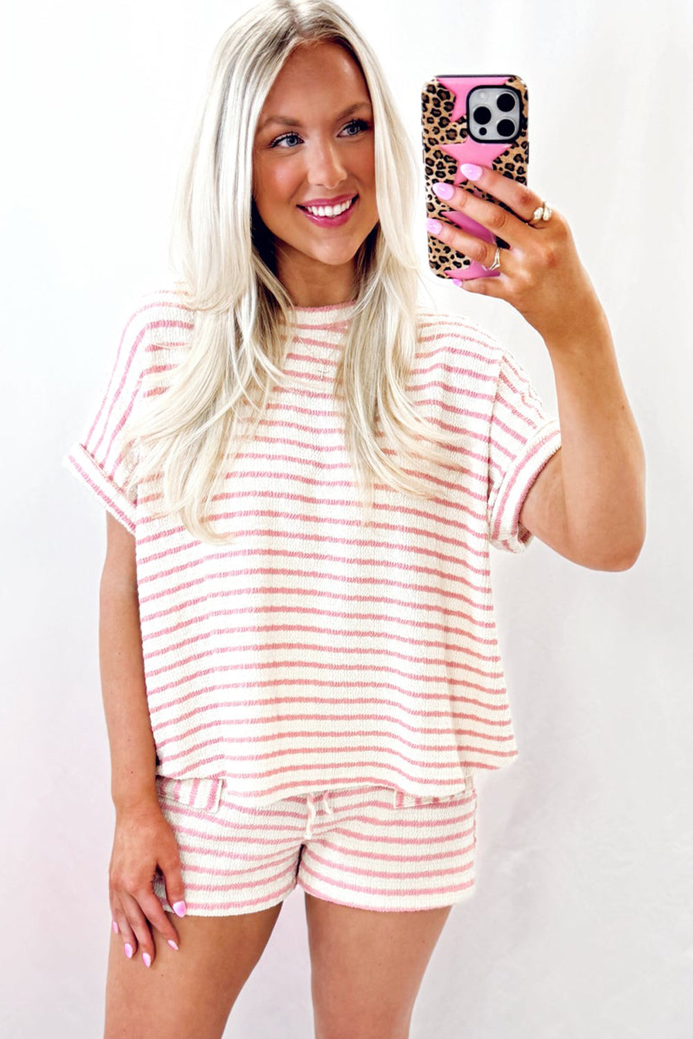 Pink Striped Print Short Sleeve Top and Pocket Shorts Set