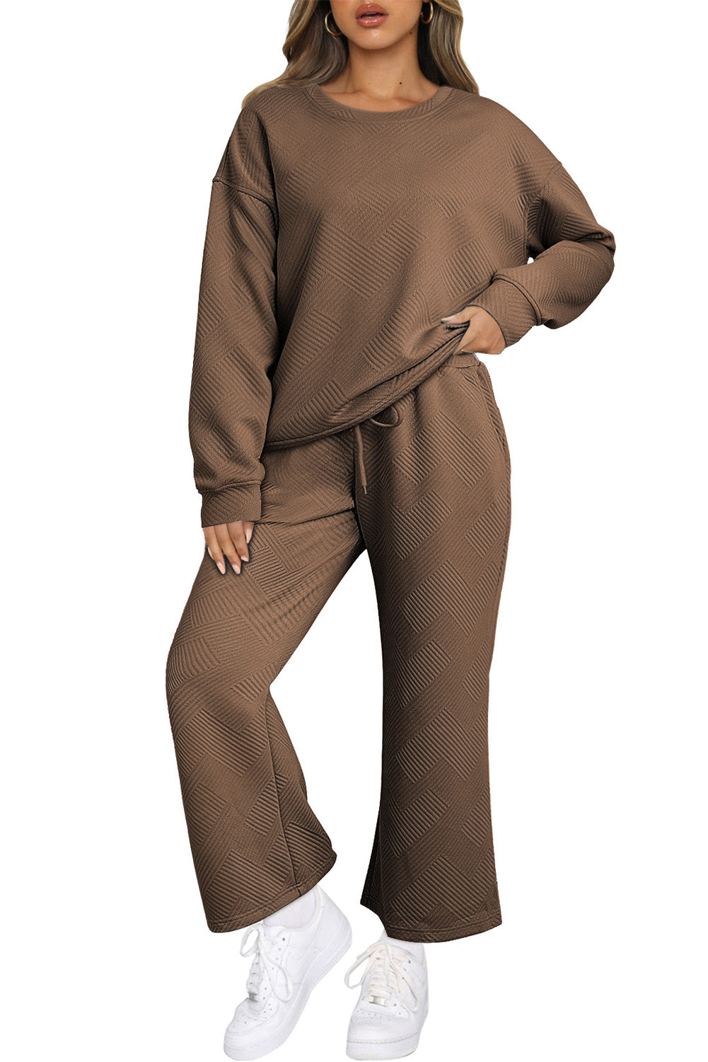 Grass Green Textured Loose Slouchy Long Sleeve Top and Pants Set