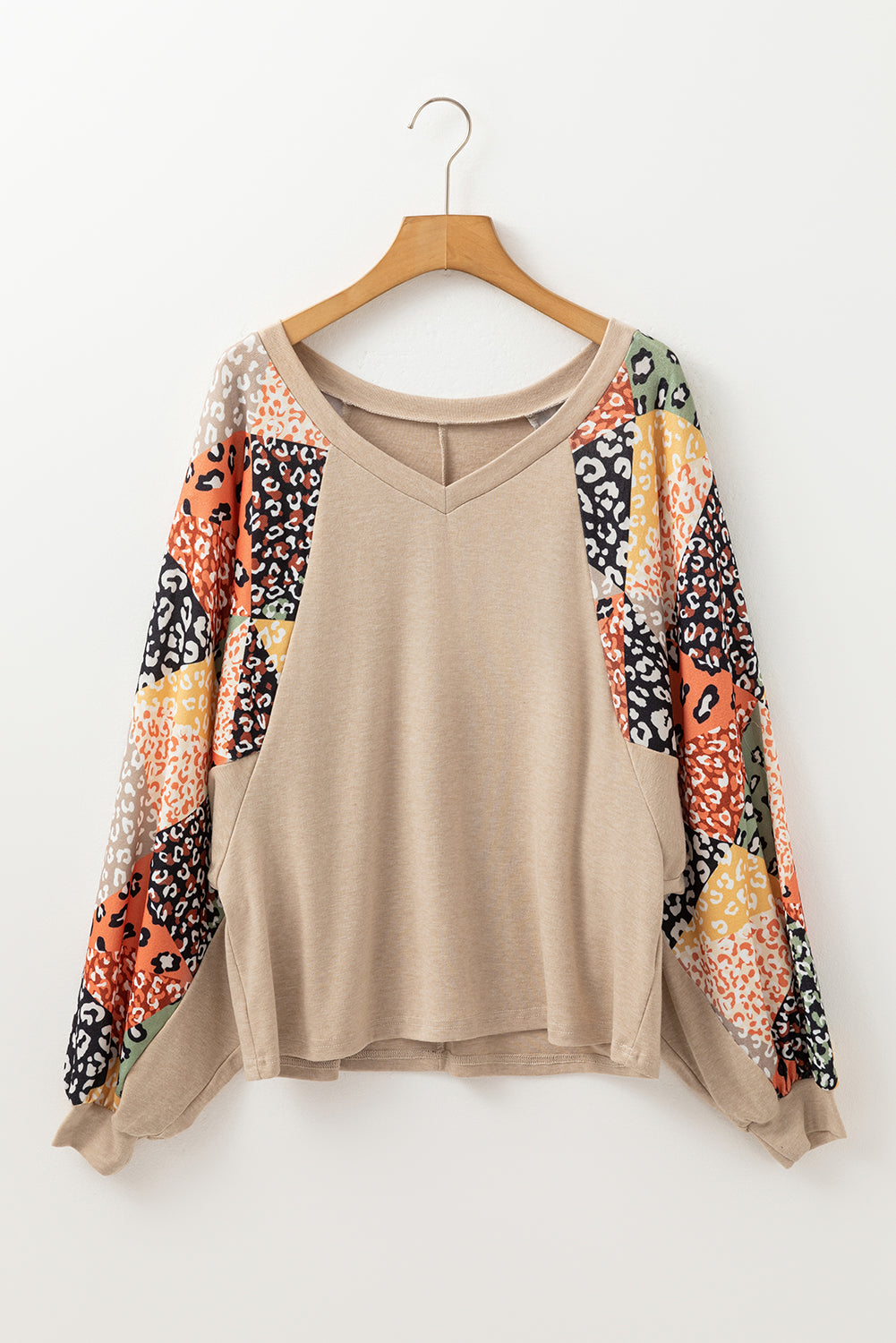 Parchment Leopard Patchwork Lantern Sleeve V Neck Loose Top