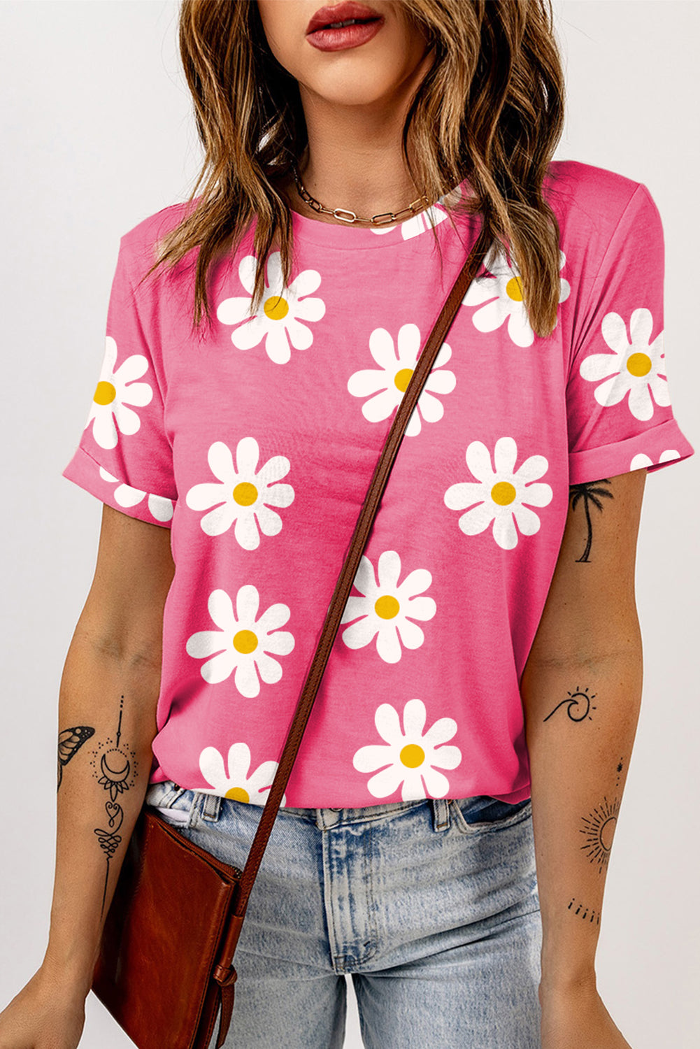 Pink Daisy Print Crewneck T Shirt