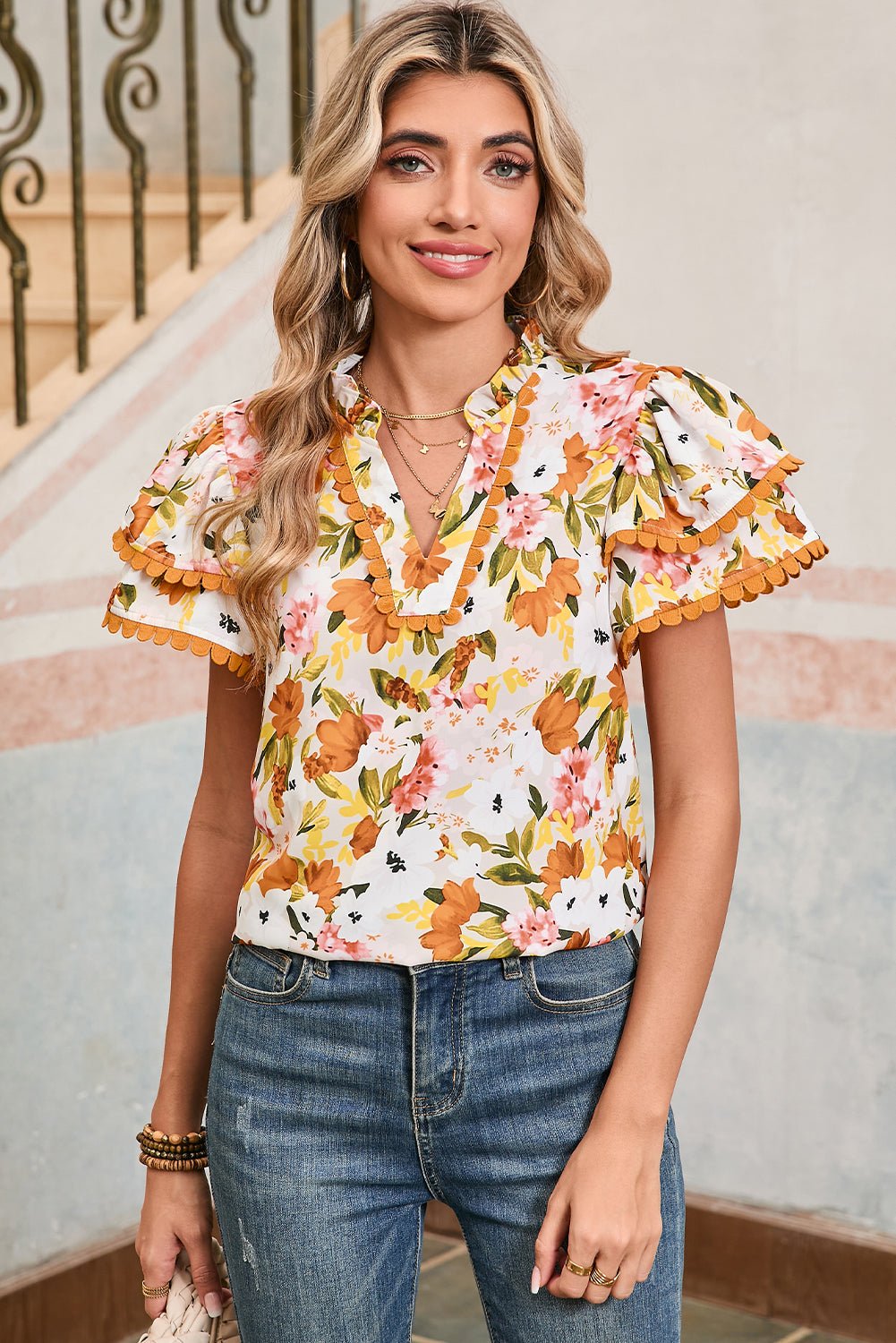 Russet Orange Floral Frill V-Neck Scallop Trim Boho Blouse