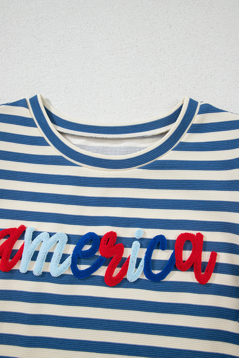 Blue Stripe america Letter Print Puff Sleeve T-shirt