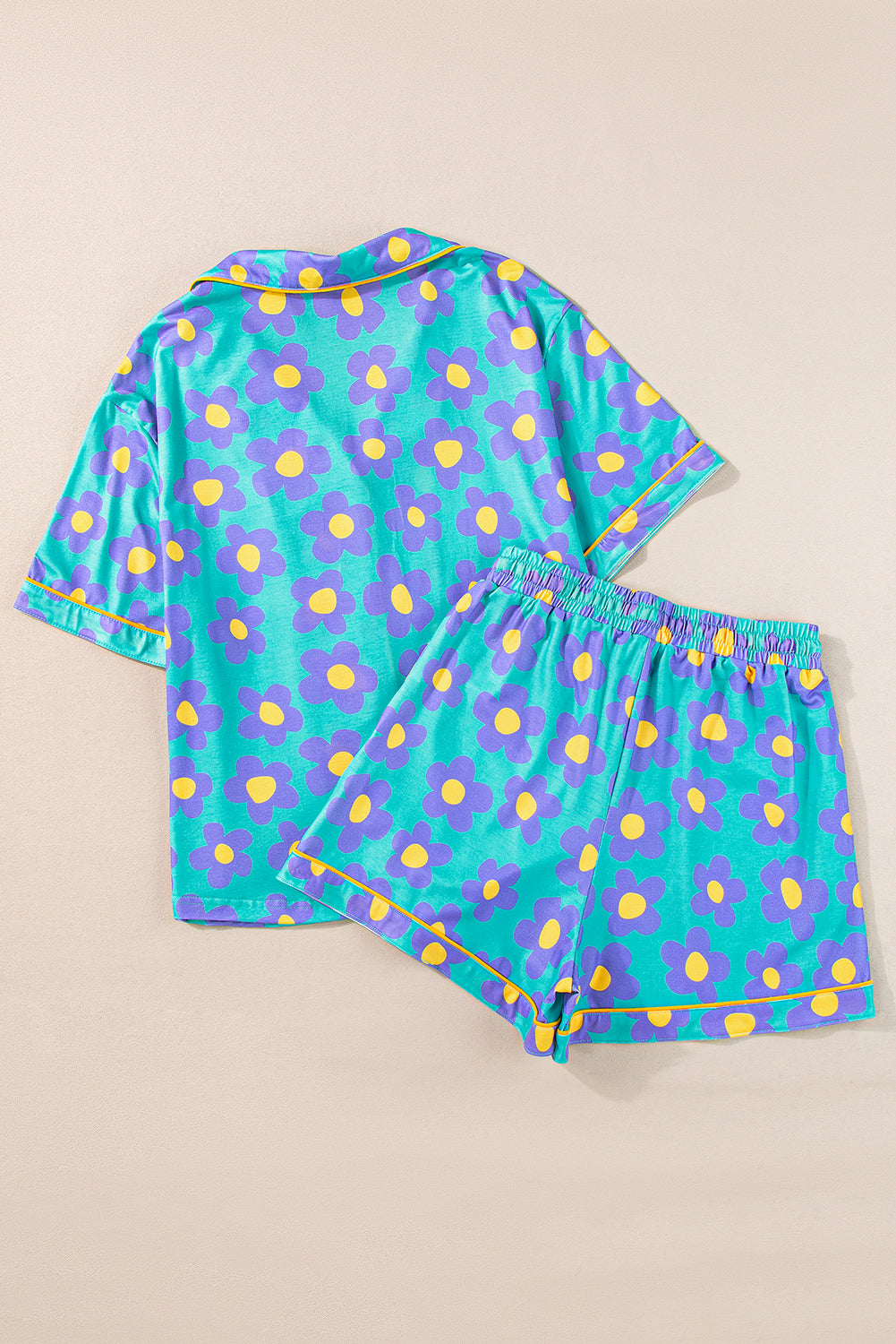 Green Flower Print Buttoned Shirt and Drawstring Waist Pajama Set