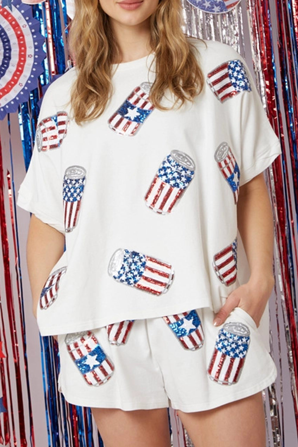 White Sequin American Flag Can Graphic Tee and Shorts Set