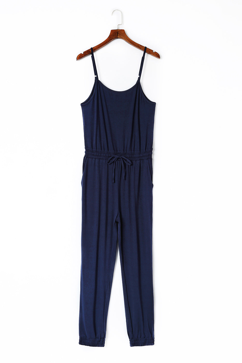 Dark Blue Pockets Drawstring Waist Spaghetti Strap Jumpsuit