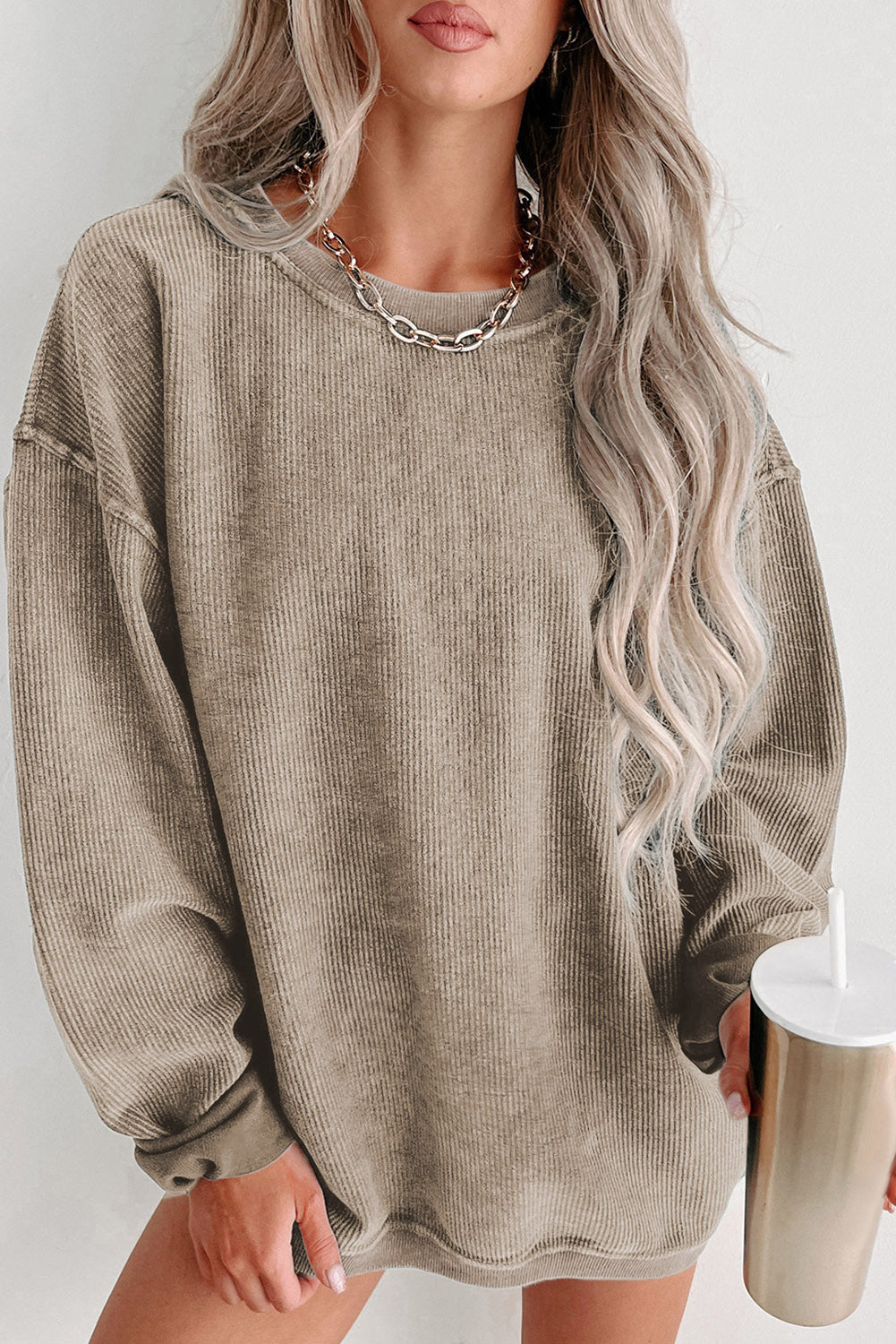 Pink Solid Ribbed Round Neck Pullover Sweatshirt