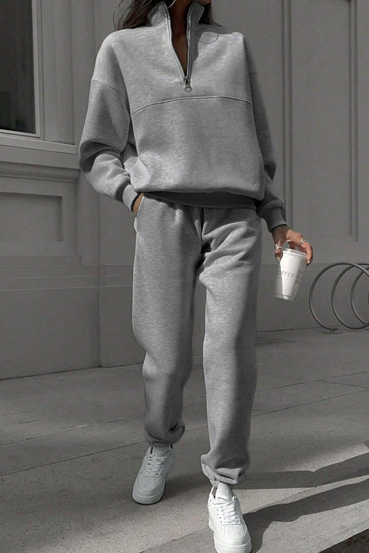 Light Grey Half Zip Drop Shoulder Sweatshirt And Sweatpants Two Piece Set