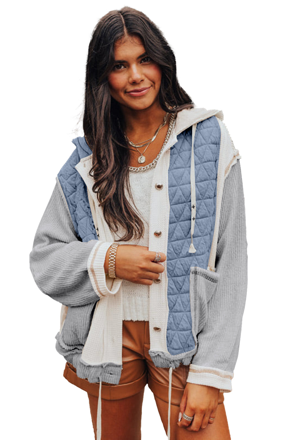 Beige Quilted Textured Patchwork Hooded Jacket