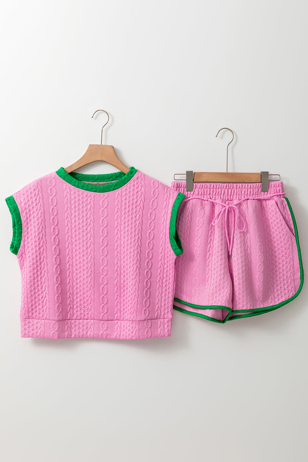 Pink Textured Contrast Trim Tee & Drawstring Shorts Set