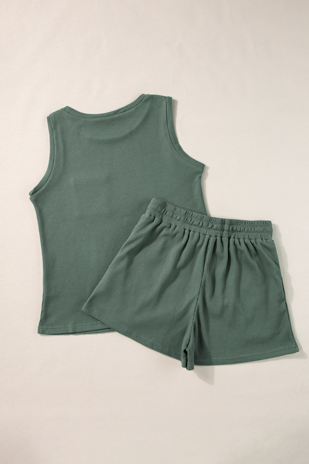 Mist Green Waffle Knit Tank Top & Shorts Set