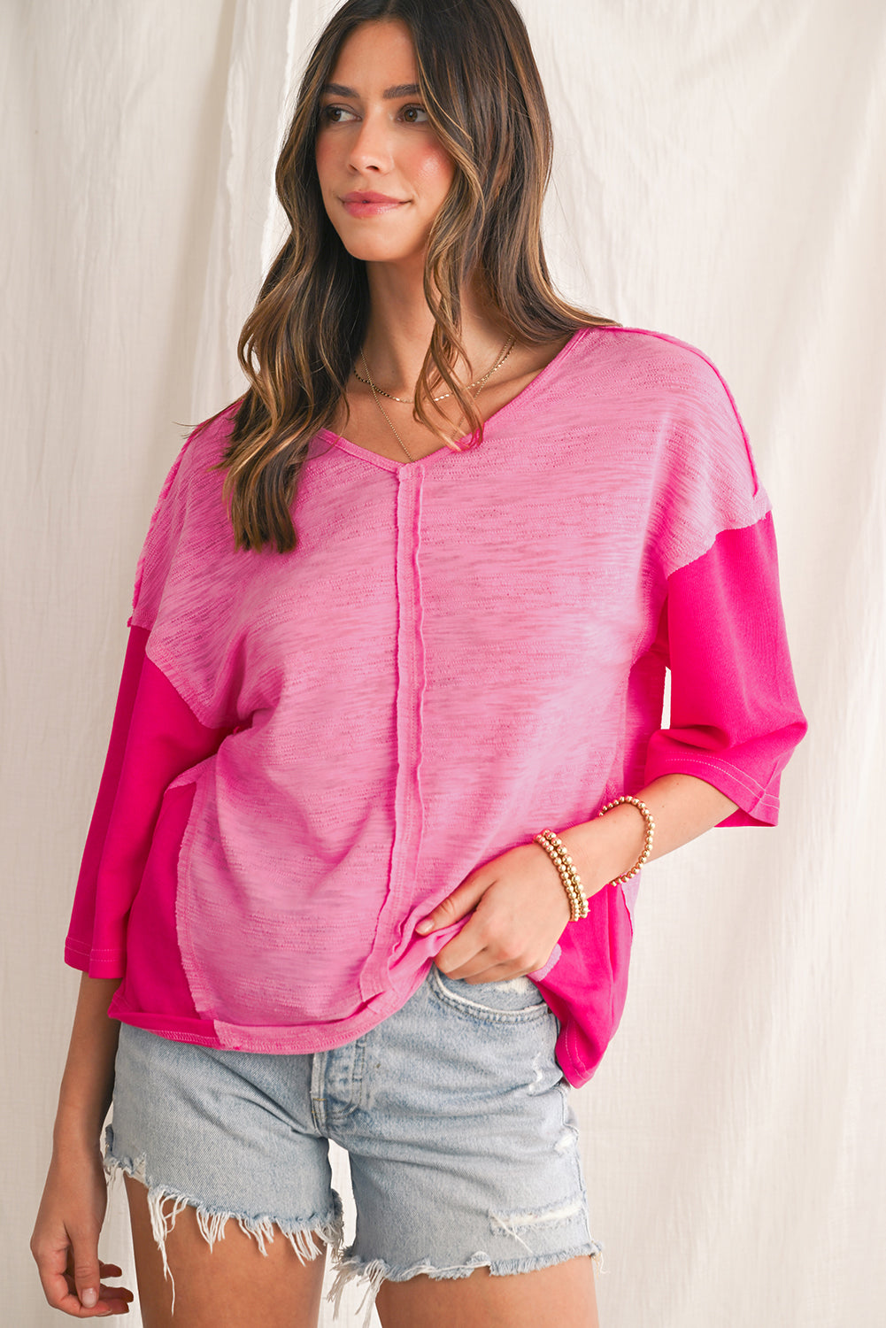 Sachet Pink V-Neck Exposed Seam Patchwork Top