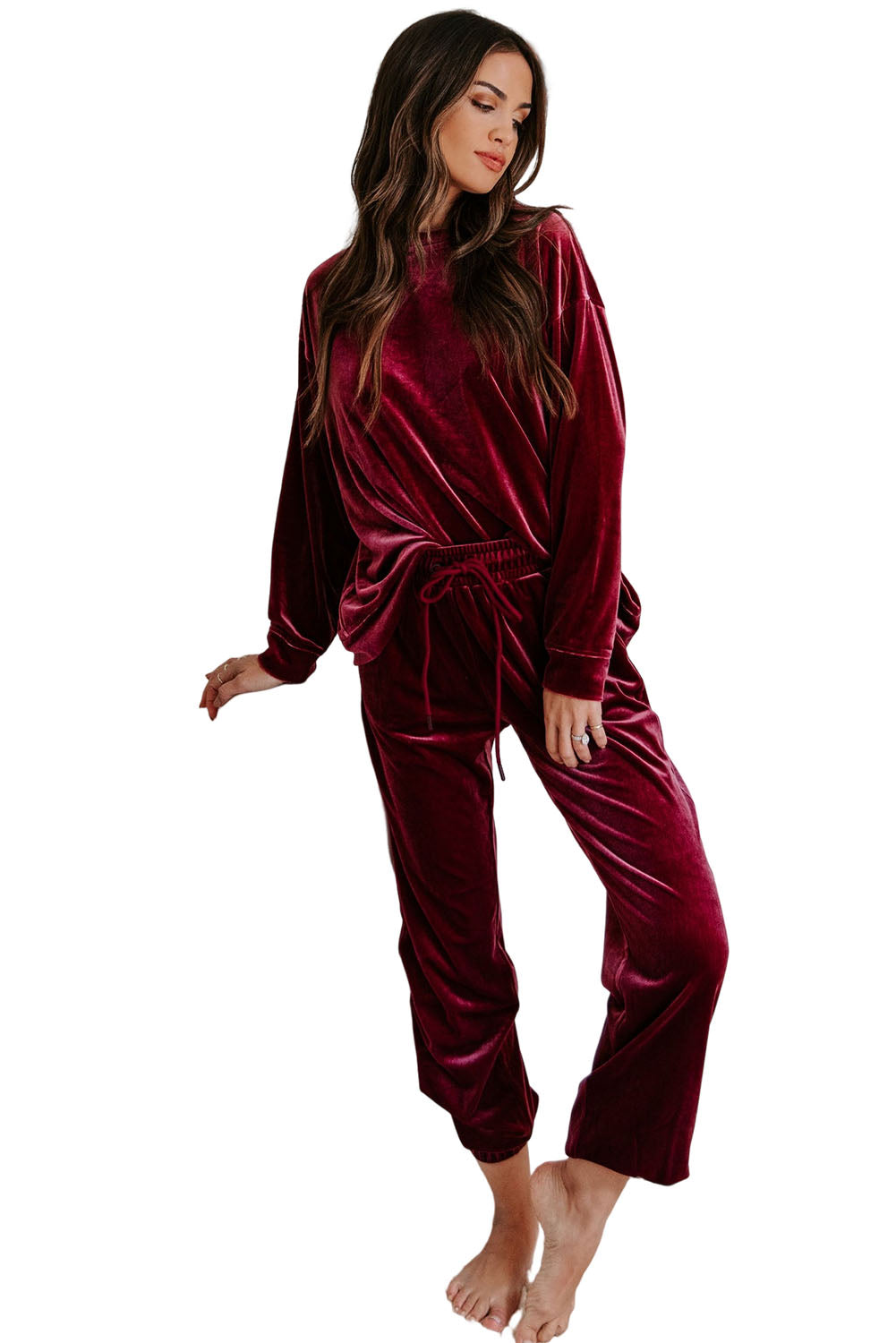 Red Solid Velvet Round Neck Top & Drawstring Pants Lounge Set