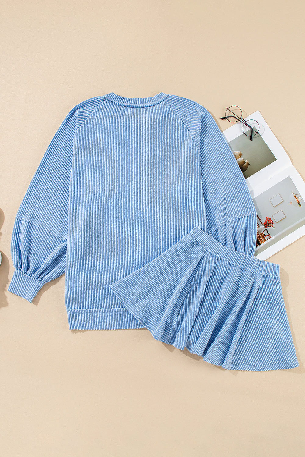 Sky Blue Corded Lantern Sleeve Pullover Ruffle Mini Skirt Set