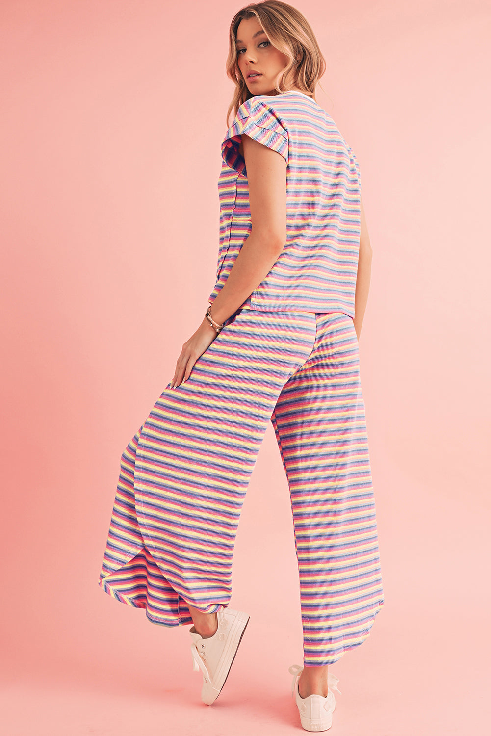 Black Stripe Rainbow Tee and Tassel Drawstring Wide Leg Pants Set