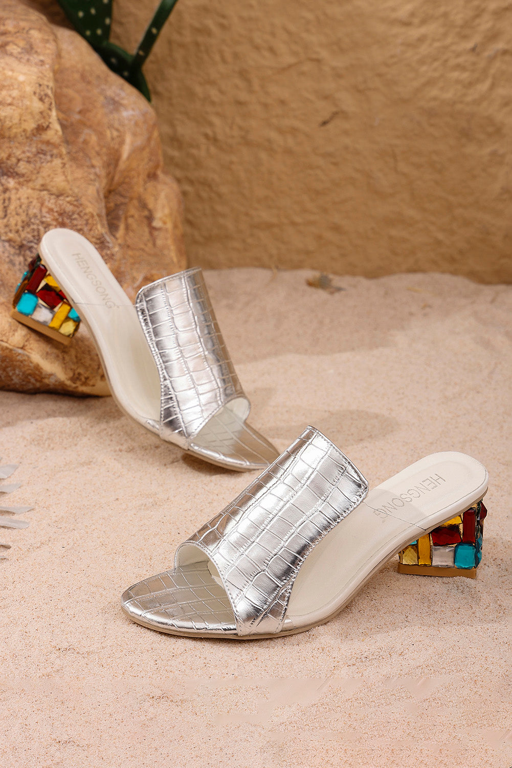 Silvery Open Toe Block Heel Casual Slippers