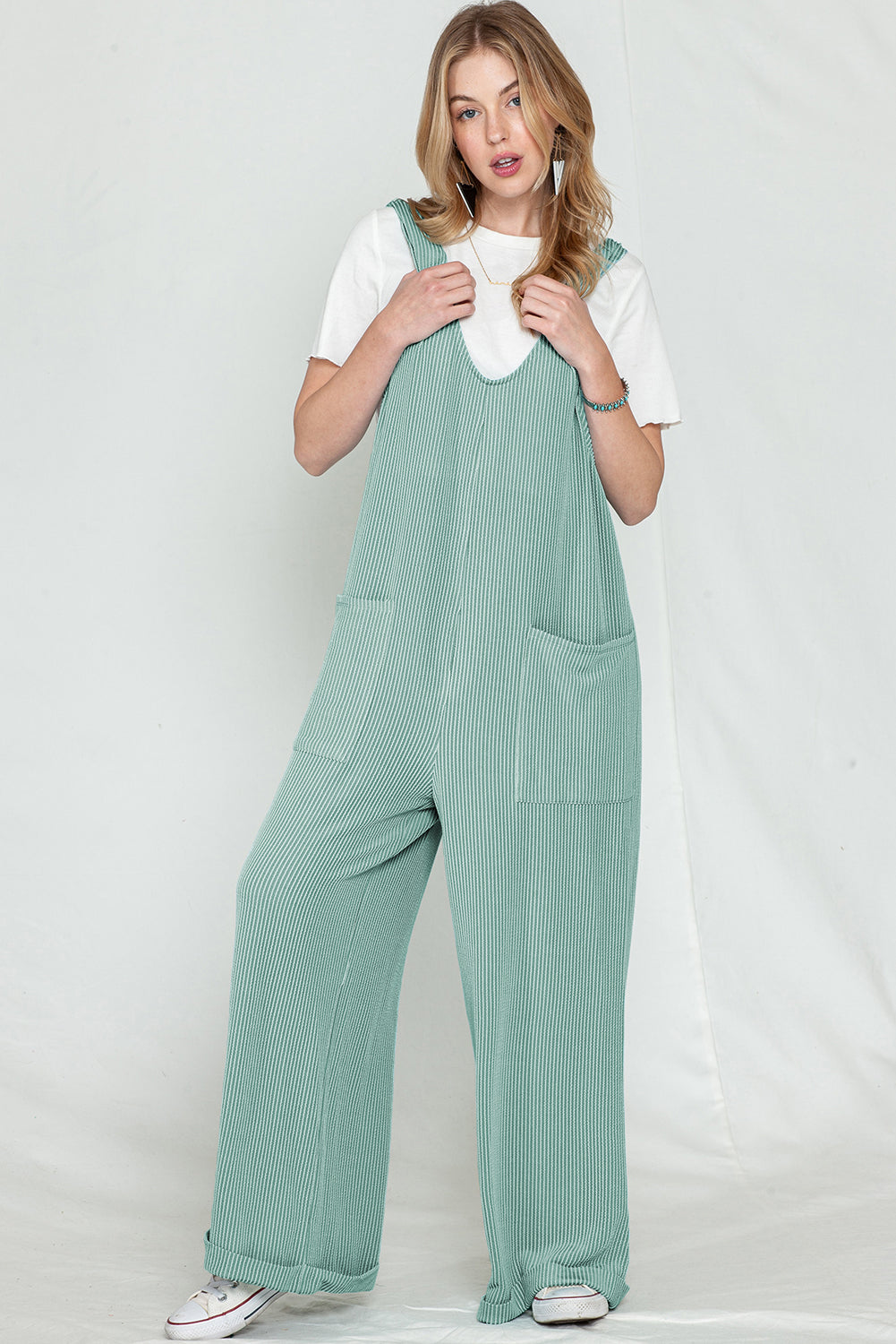 Green Pockets Oversized Ribbed Wide Leg Jumpsuit