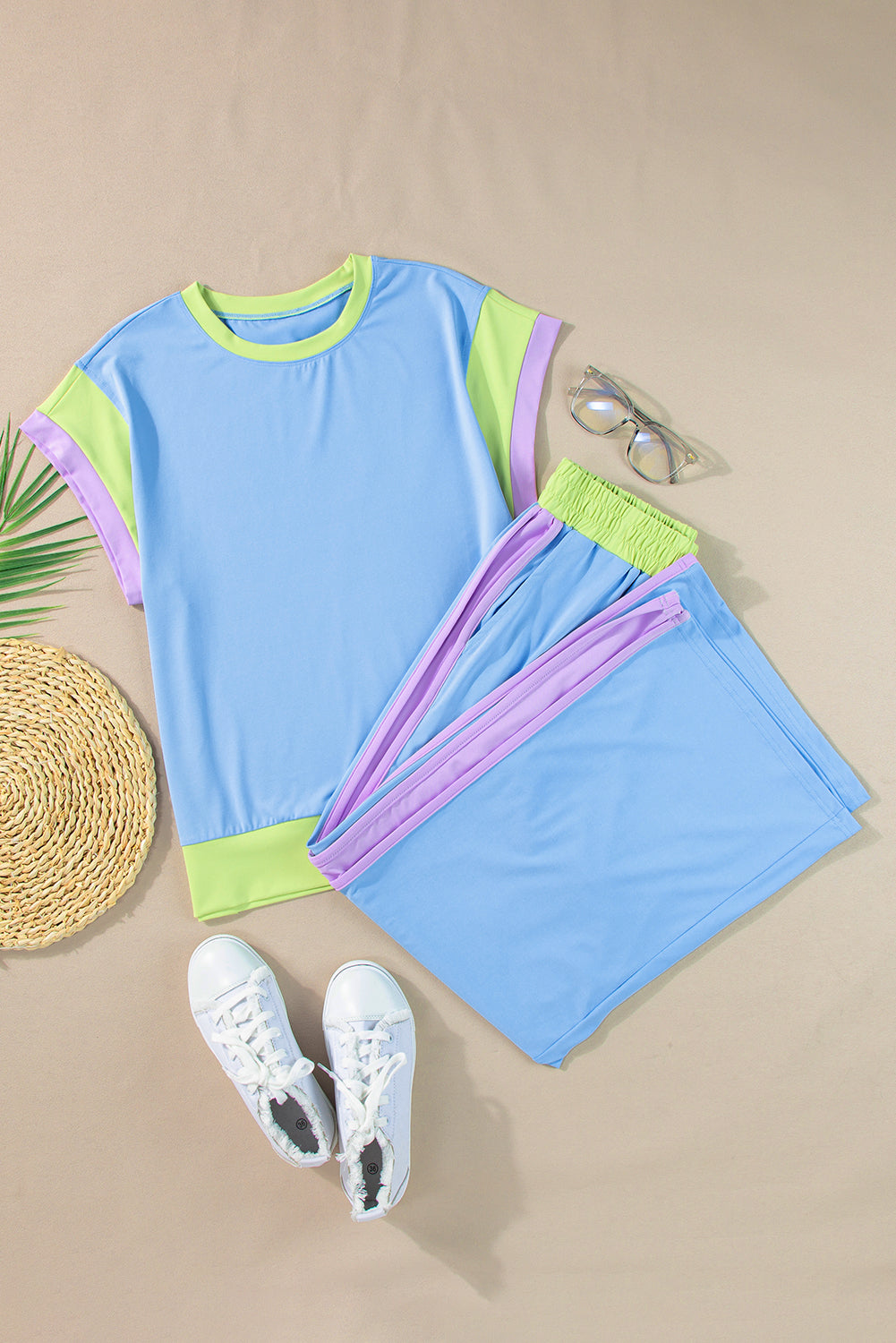 Sky Blue Colorblock Cap Sleeve Tee & Wide Leg Pants Set