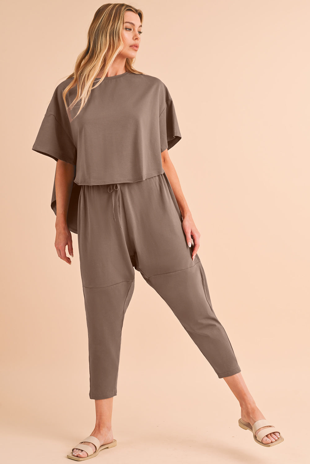 Taupe Batwing Sleeve High Low Tee and Drawstring Crop Pants Set