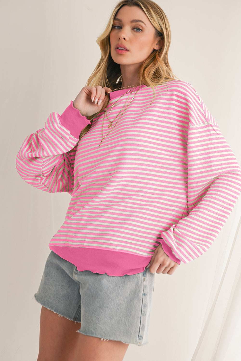 Pink Stripe Drop Shoulder Long Sleeve Top