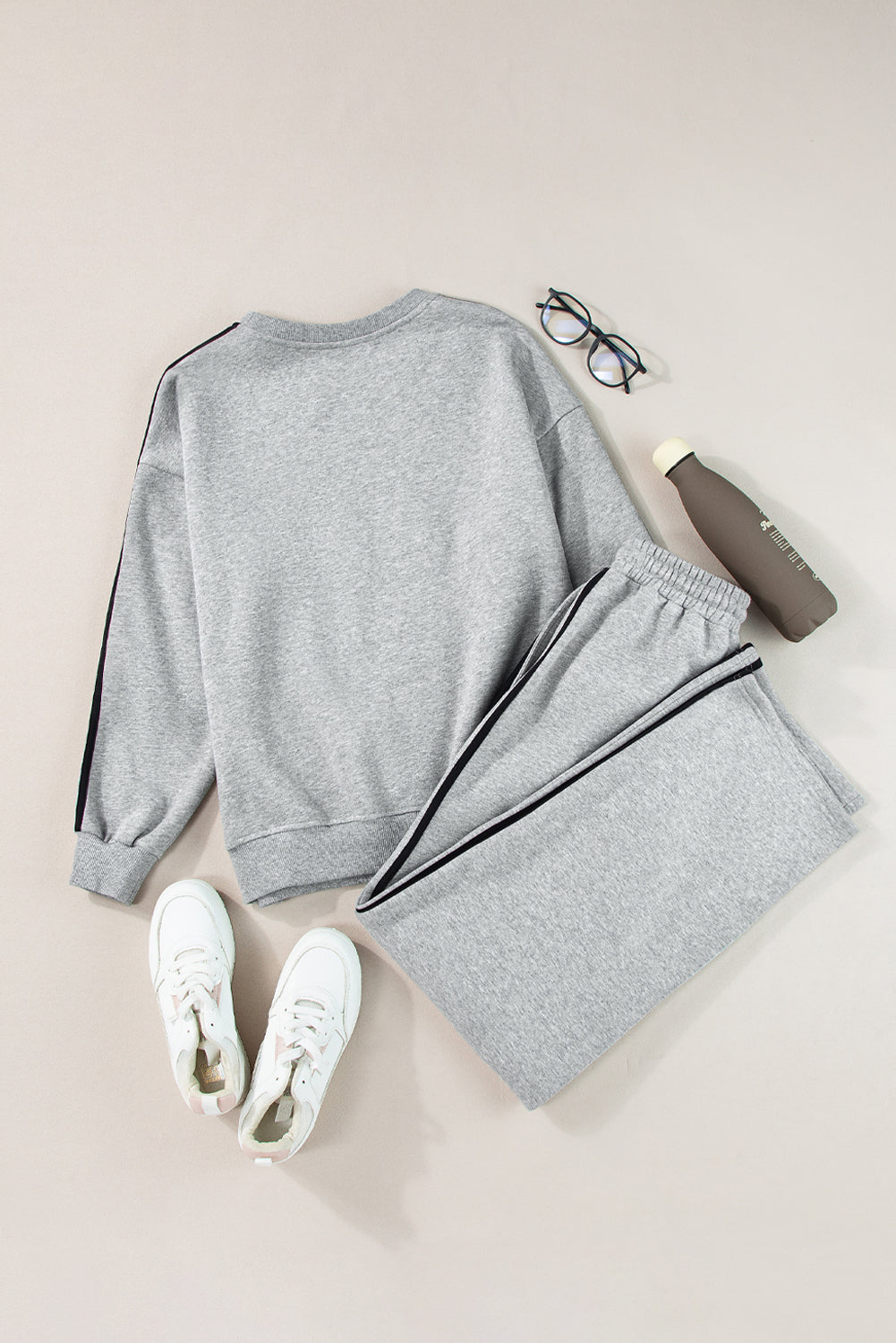 Light Grey Solid Color Side Striped Sweatshirt Pants Set