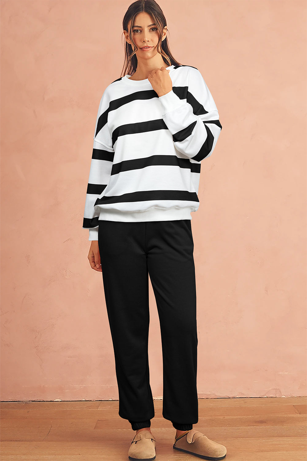 Black Striped Drop Shoulder Pullover and Joggers Set