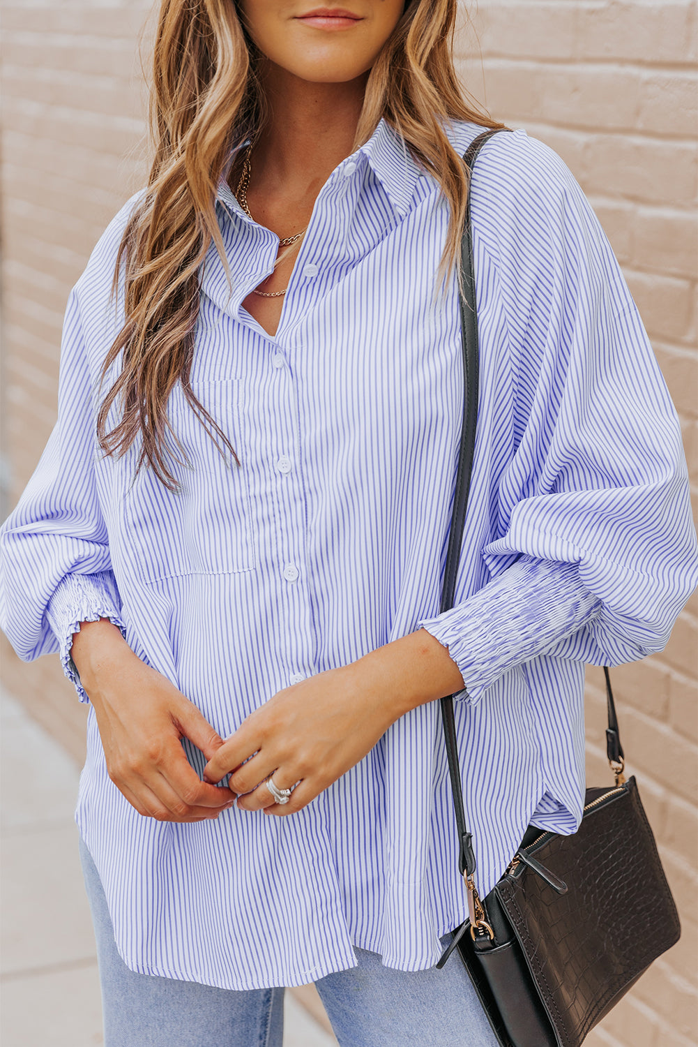 Pink Striped Casual Shirred Cuffs Shirt