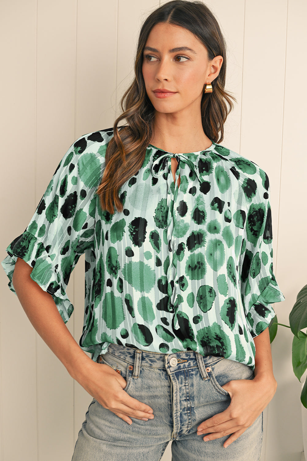 Green Abstract Print Ruffle 3/4 Sleeve Tie Neck Blouse