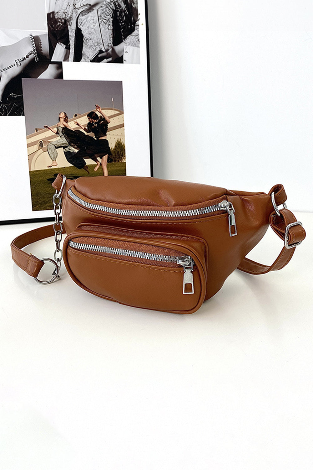 Chestnut Zipper PU Leather Chain Linked Crossbody Bag