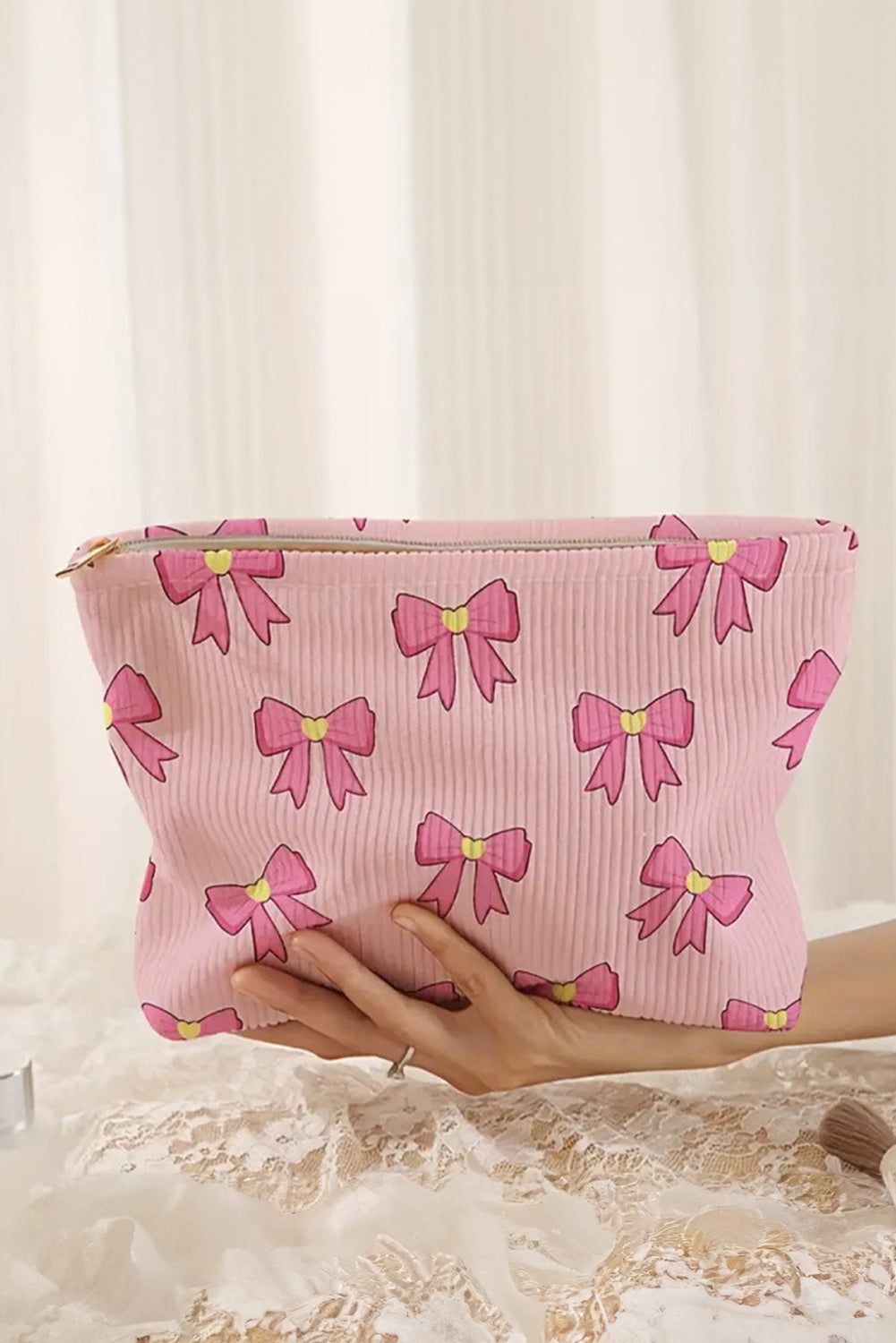 Pink Bow Print Corduroy Zipper Makeup Bag