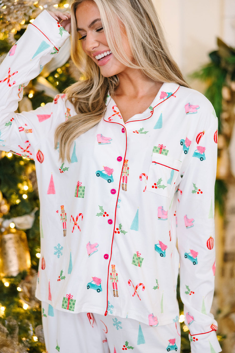 White Christmas Print Lapel Shirt and Pants Pajama Set