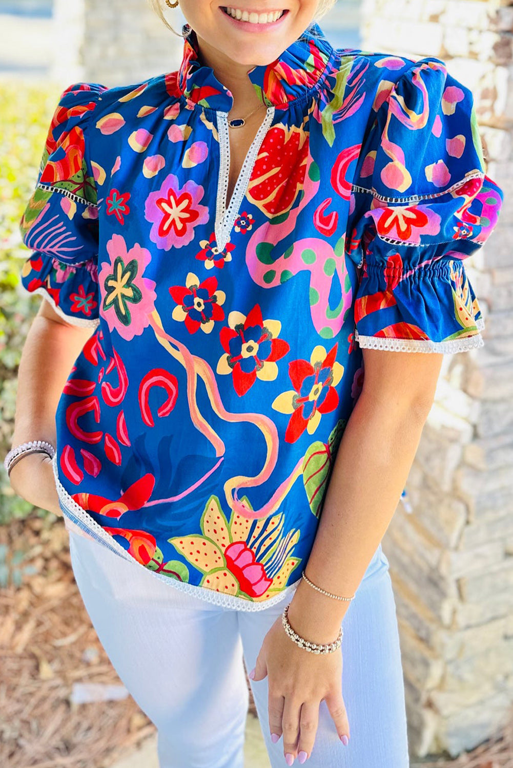 Blue Frill V-neck Abstract Print Blouse