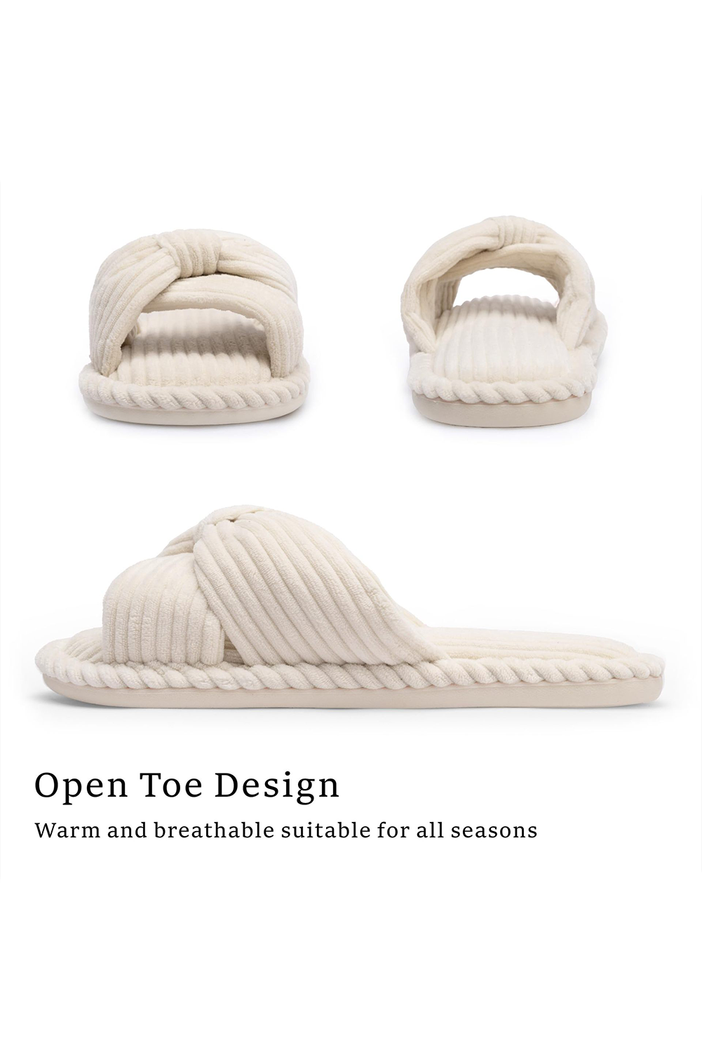 Beige Ribbed Texture Bowknot Winter Slippers