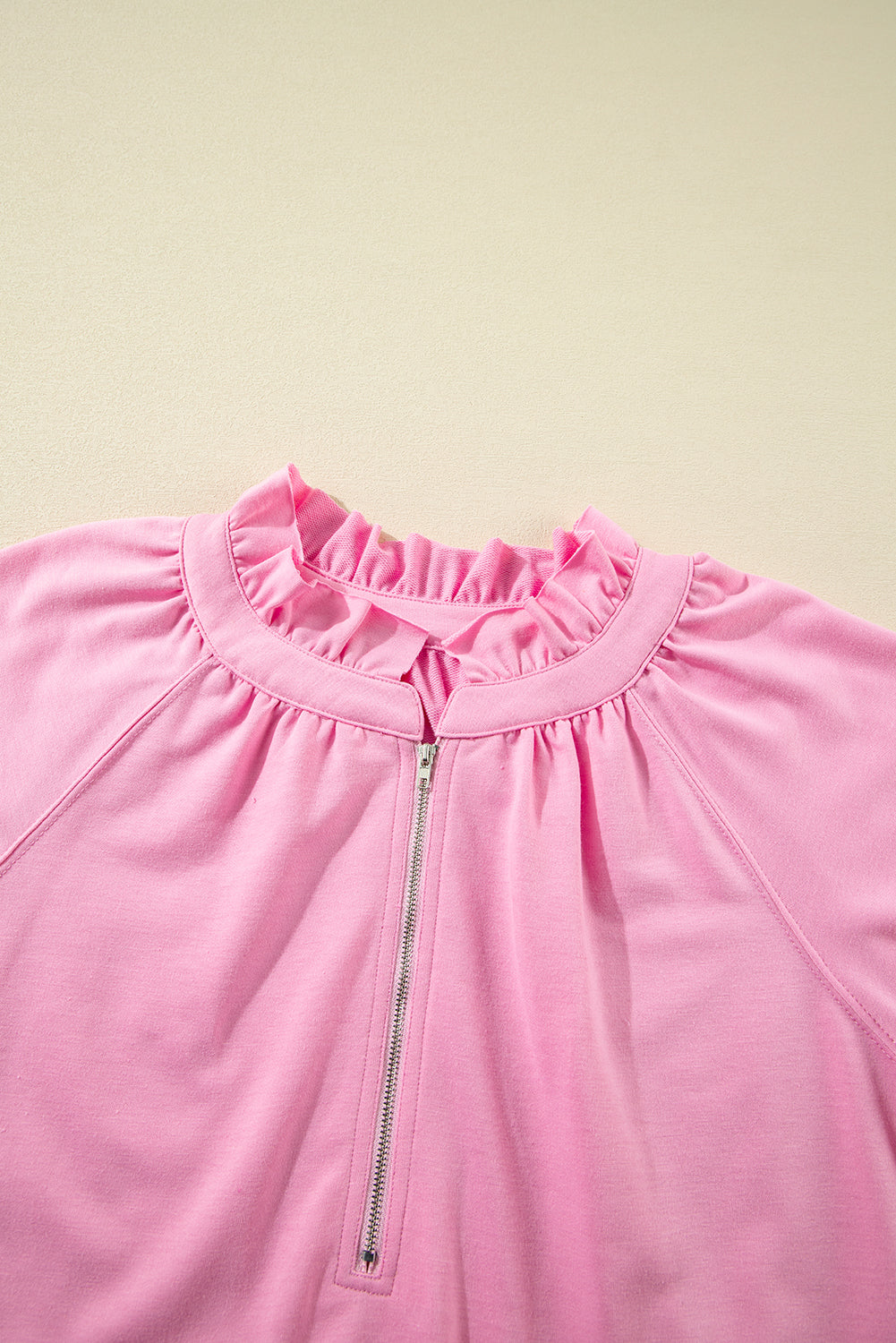 Pink Half Zip Puff Sleeve Top and Ruffle Shorts Set