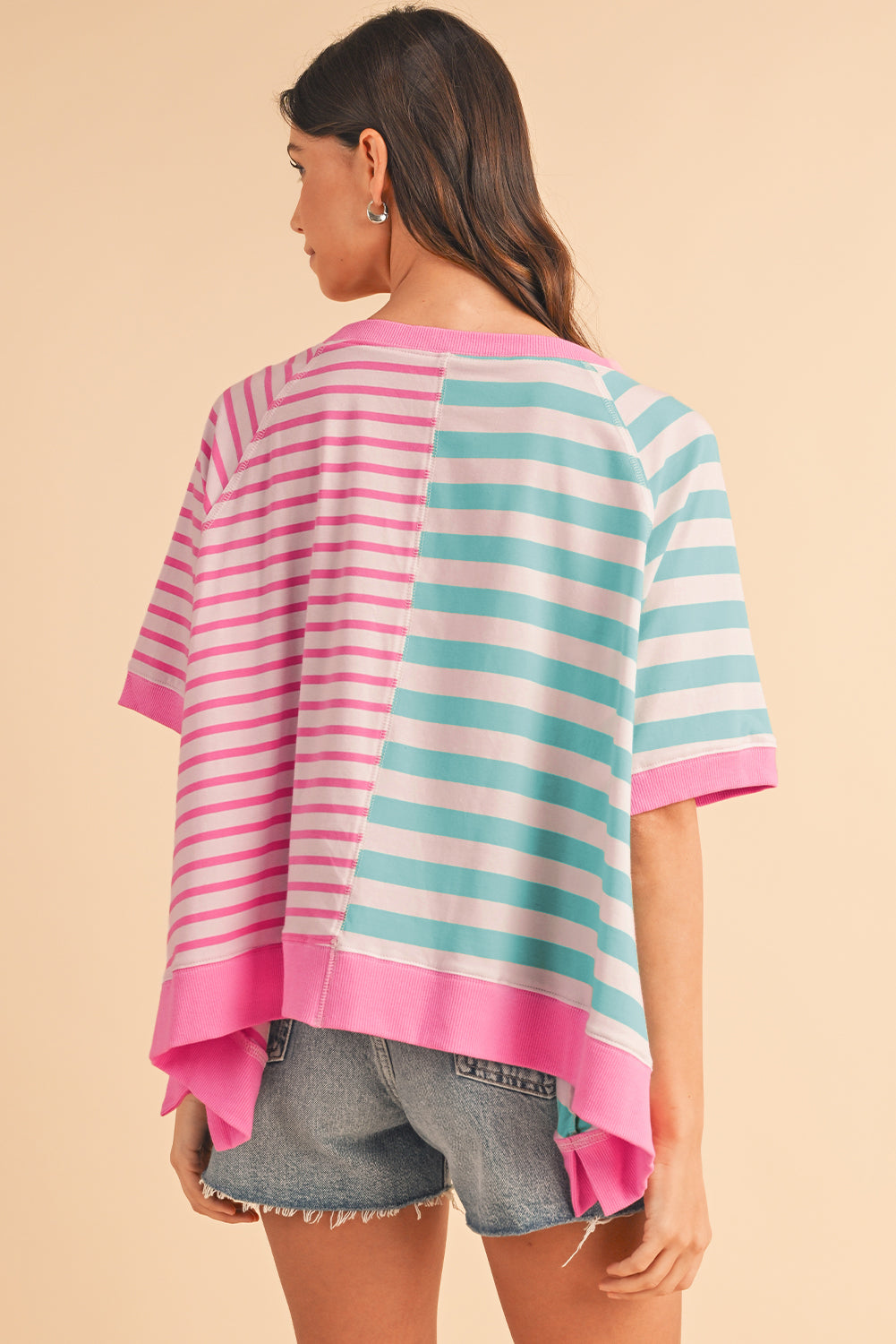 Pink Striped Colorblock Oversized T Shirt