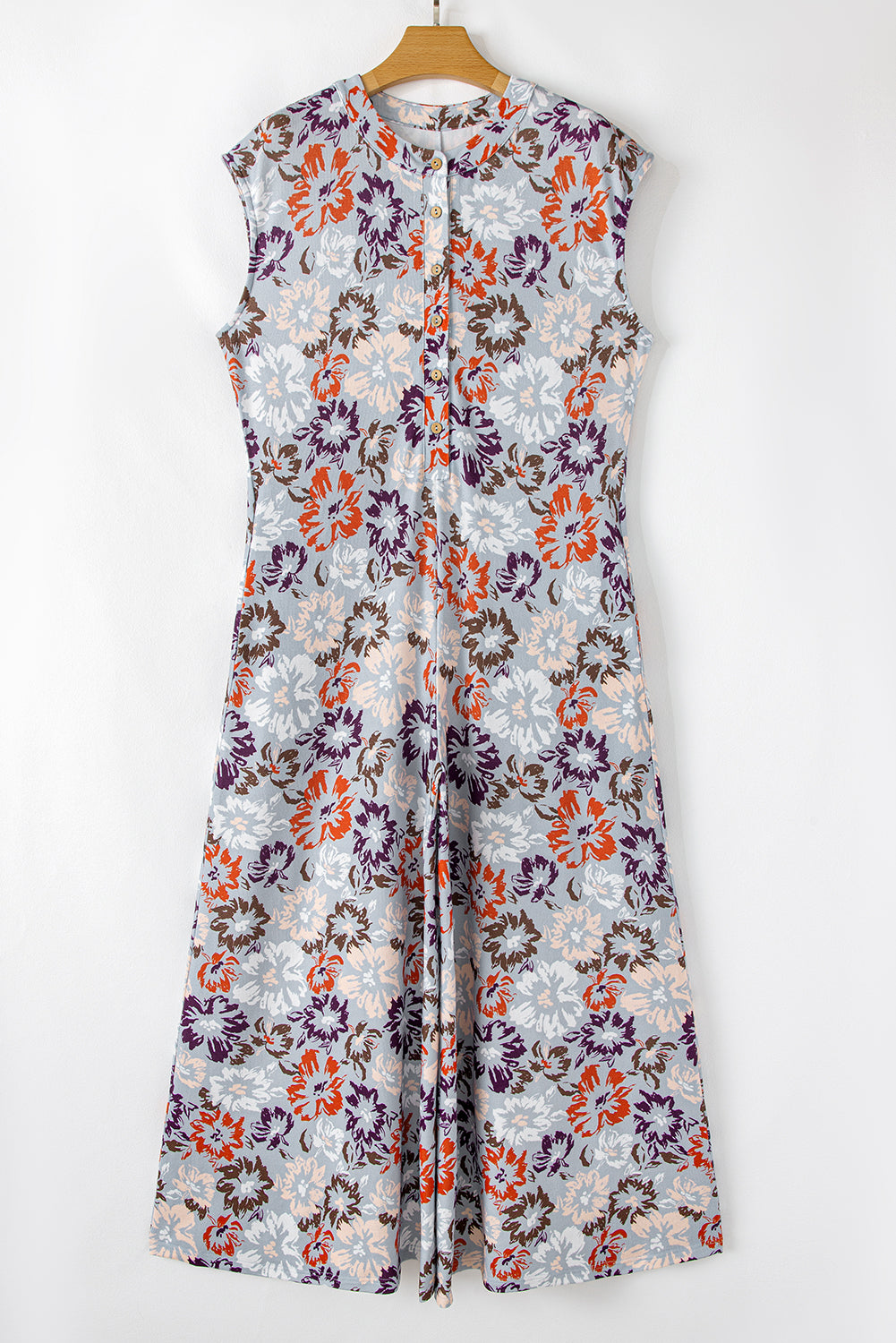 Sky Blue Floral Sleeveless Pocketed Wide Leg Jumpsuit