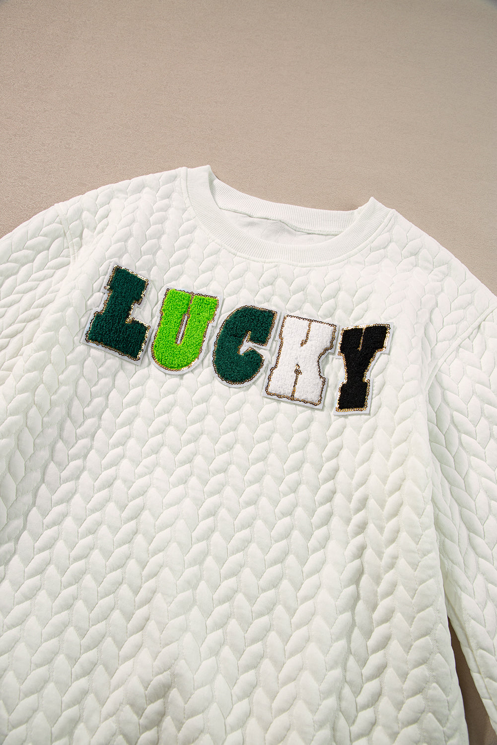 White XOXO Chenille Letter Patch Quilted Sweatshirt