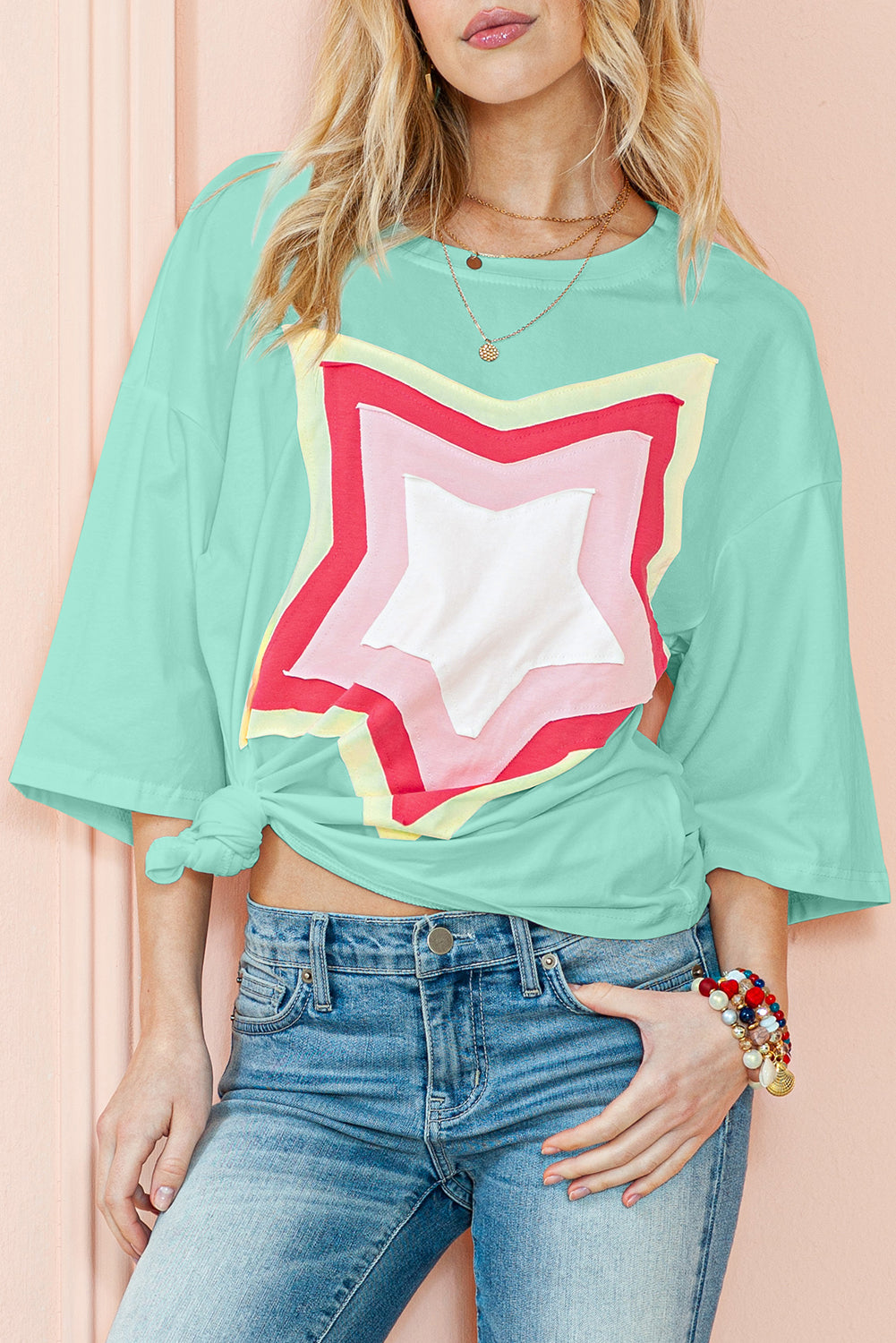 Bonbon Colorblock Star Patched Half Sleeve Oversized Tee