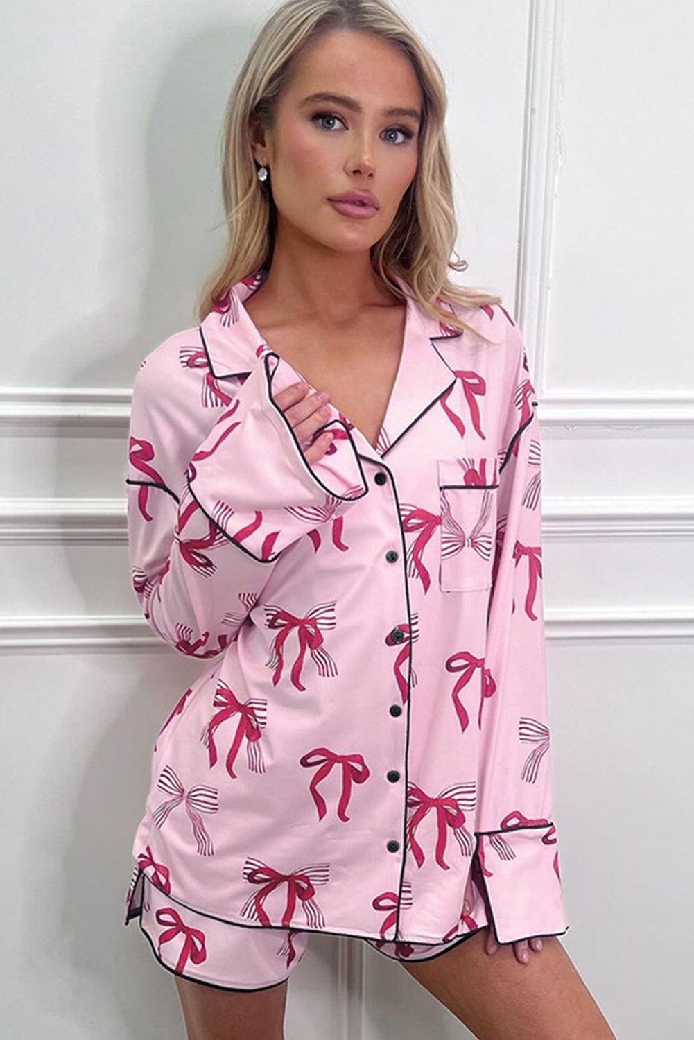 Pink Bowknot Print Long Sleeve Two Piece Pajama Set