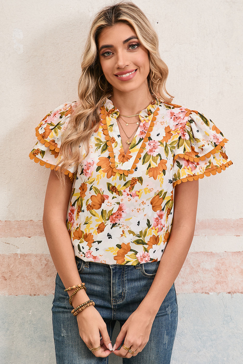 Russet Orange Floral Frill V-Neck Scallop Trim Boho Blouse