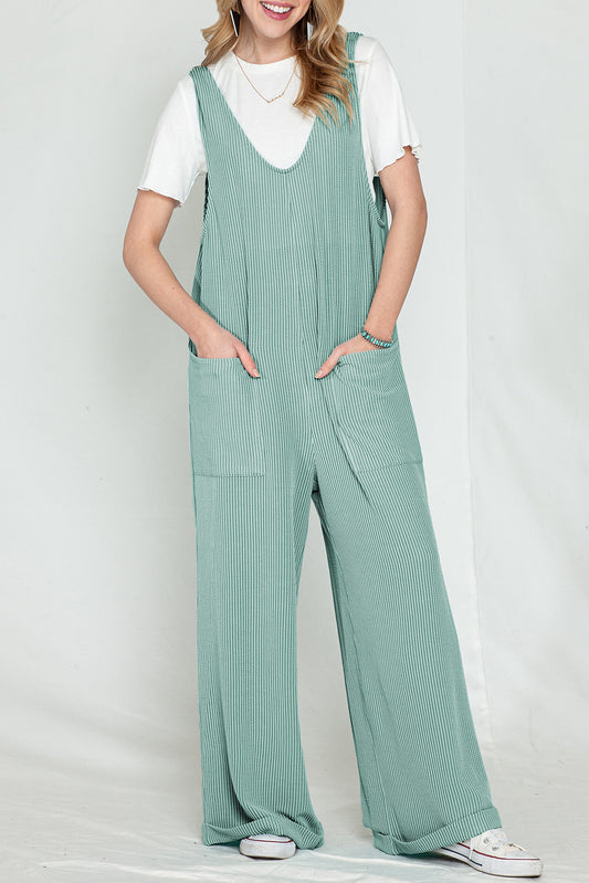 Green Pockets Oversized Ribbed Wide Leg Jumpsuit