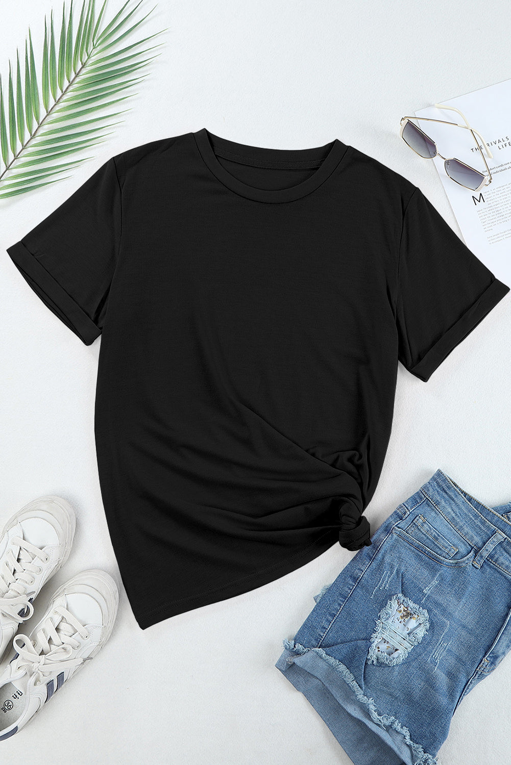 Black Solid Color Basic Crew Neck Plain Tee