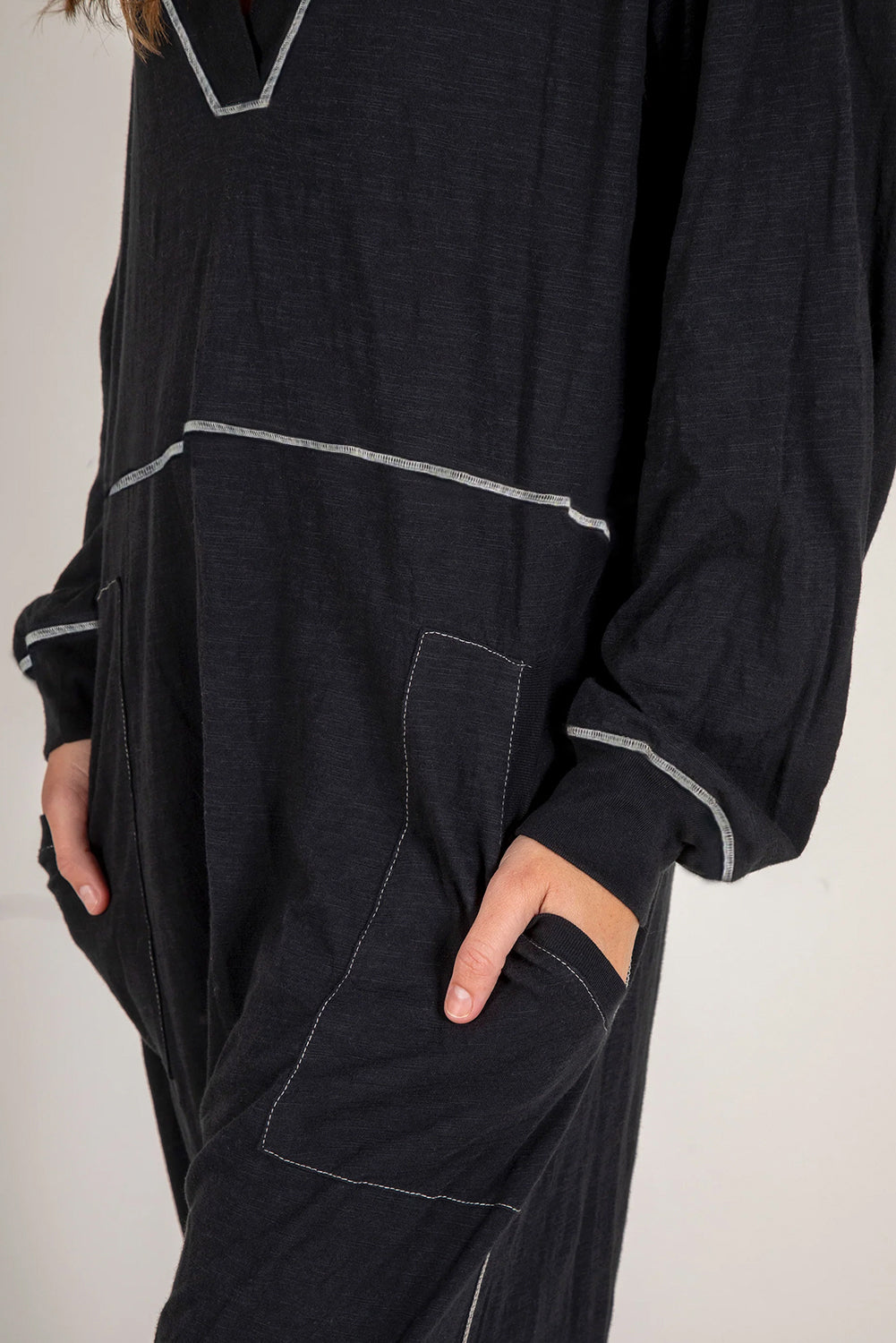 Black Exposed Seam Oversized Drop Waist Jumpsuit