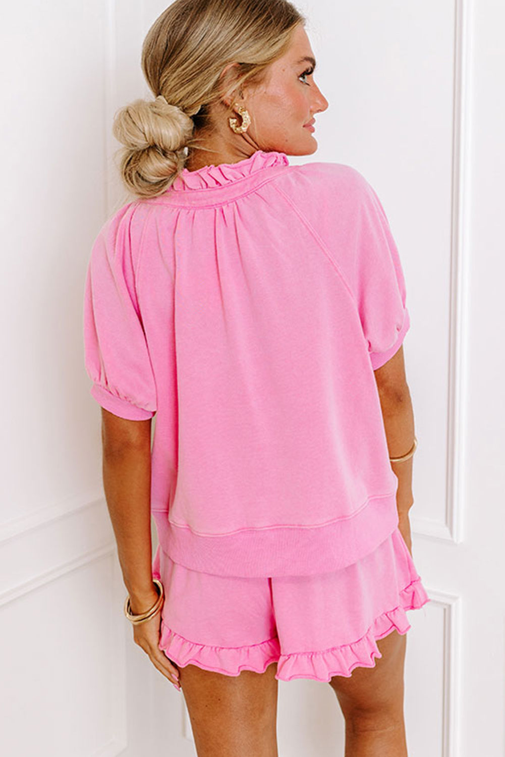 Pink Half Zip Puff Sleeve Top and Ruffle Shorts Set