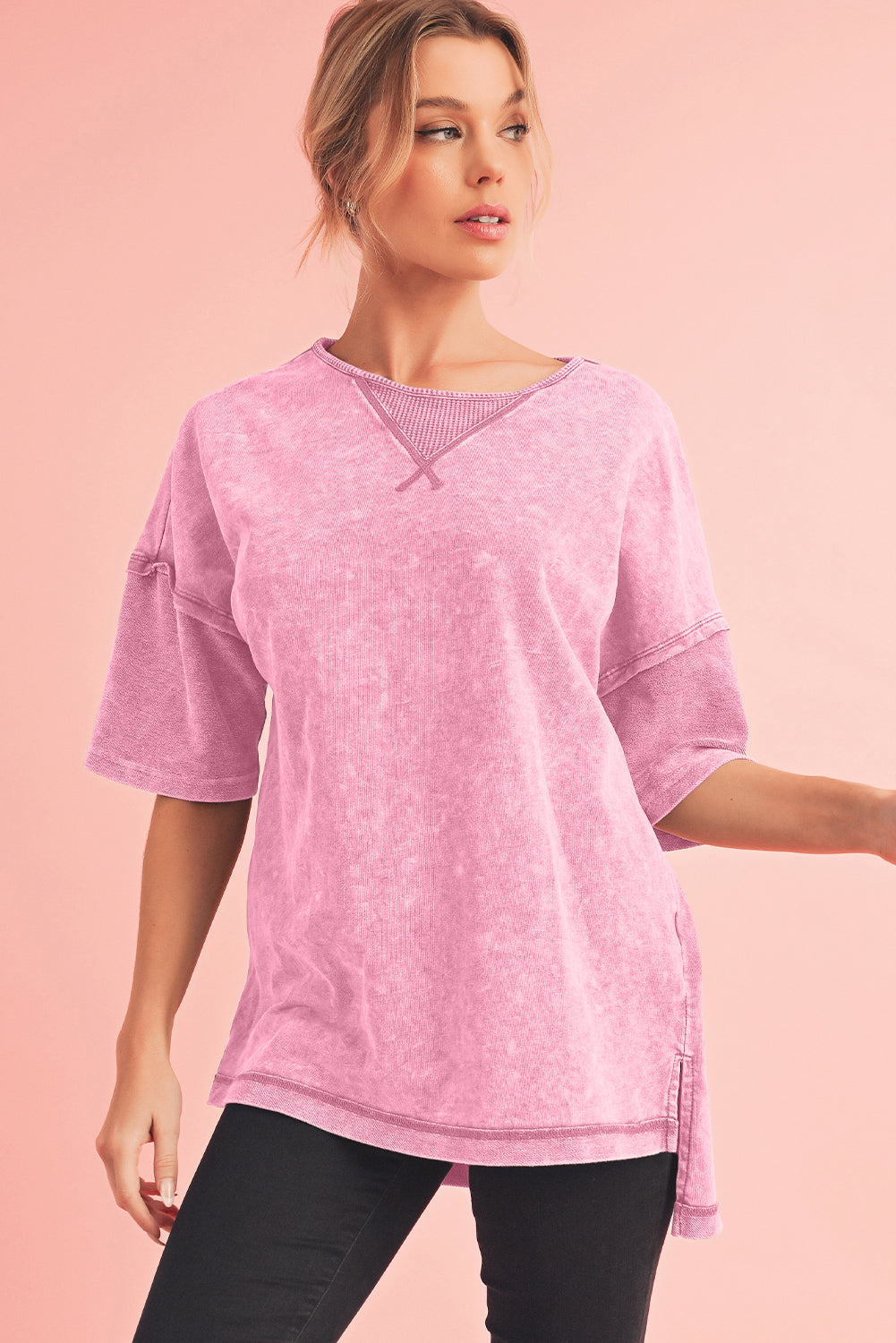 Strawberry Pink Mineral Wash Exposed Seam Drop Shoulder Oversized Tee