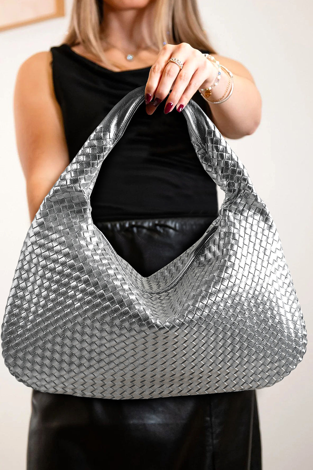 Silvery PU Woven Single Shoulder Bag