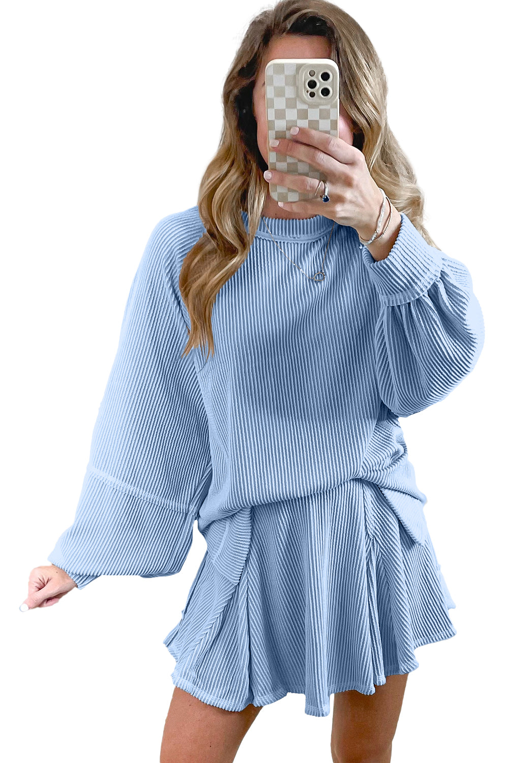 Sky Blue Corded Lantern Sleeve Pullover Ruffle Mini Skirt Set