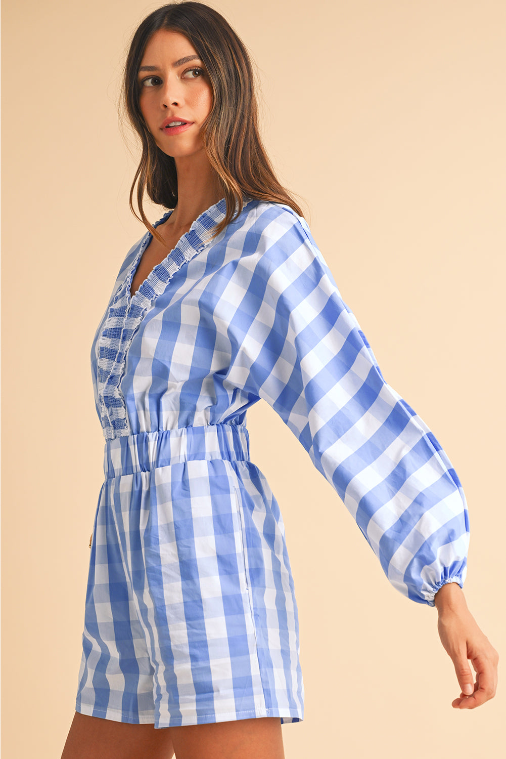 Sky Blue Plaid Shirred V Neck Lantern Sleeve Romper