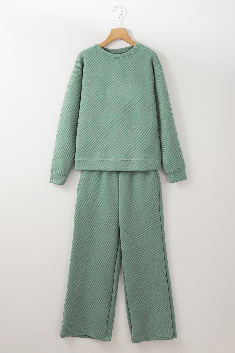 Grass Green Textured Loose Slouchy Long Sleeve Top and Pants Set