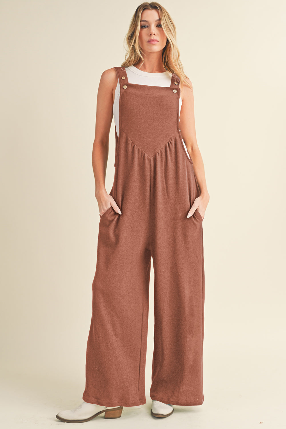 Gold Flame Buttoned Straps Ruched Wide Leg Jumpsuit