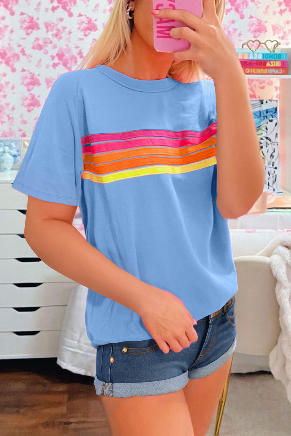 Beau Blue Colorful Striped Casual Tee